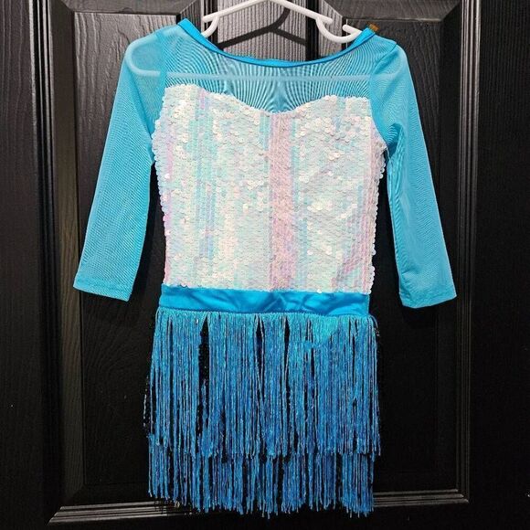 Weissman NWOT child XS blue white sequin fringe costume jazz tap solo - Picture 1 of 9